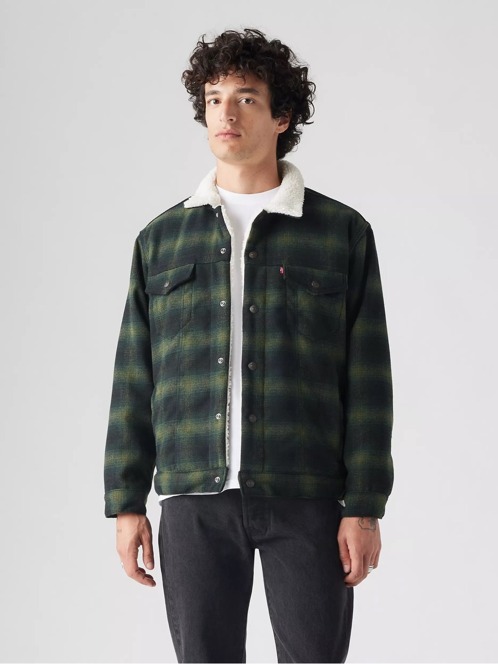 Levi's Green Plaid Sherpa Collar Trucker Jacket